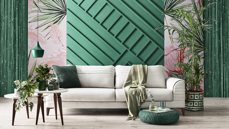 yeşil ve beyaz tonlarda oturma odası dekorasyonu