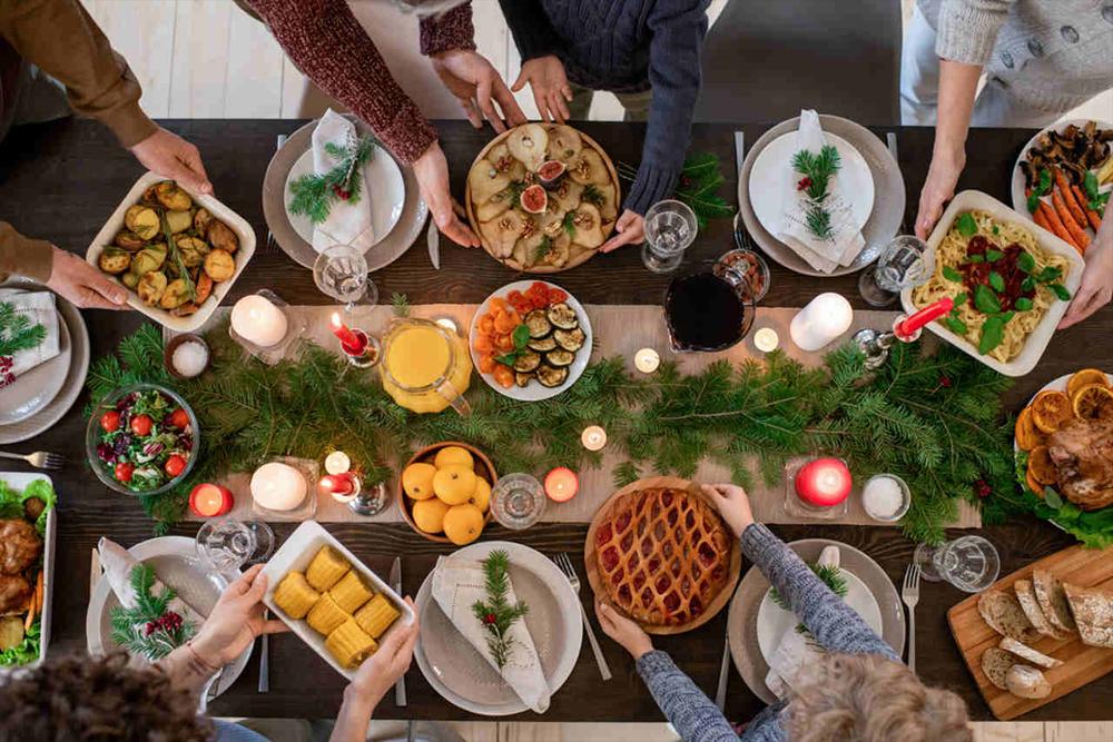top shot of a crowded christmas table