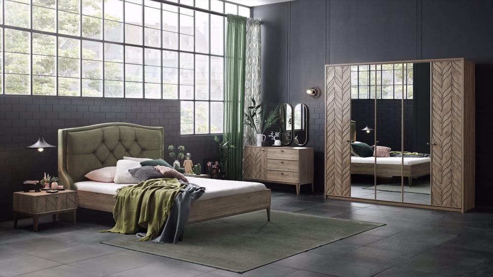 green and wooden bedroom interiror