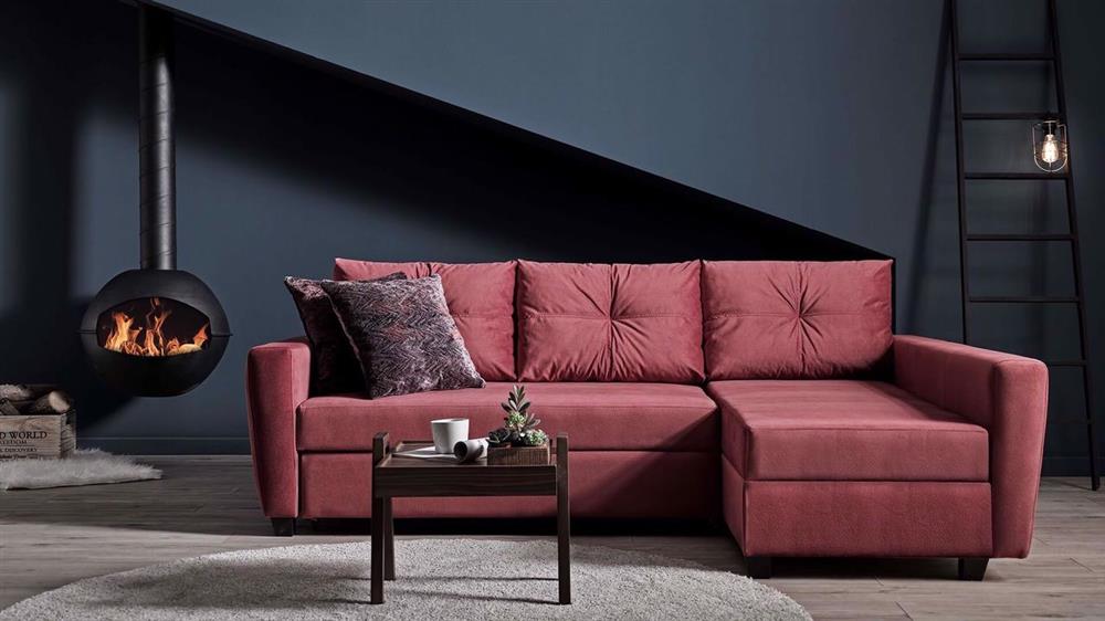 Red colored L-shaped sofa