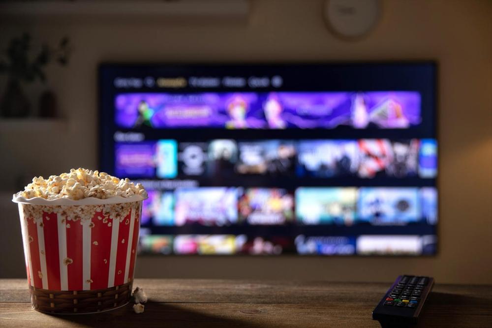 popcorn bowl and tv in the backgroun in home cinema room