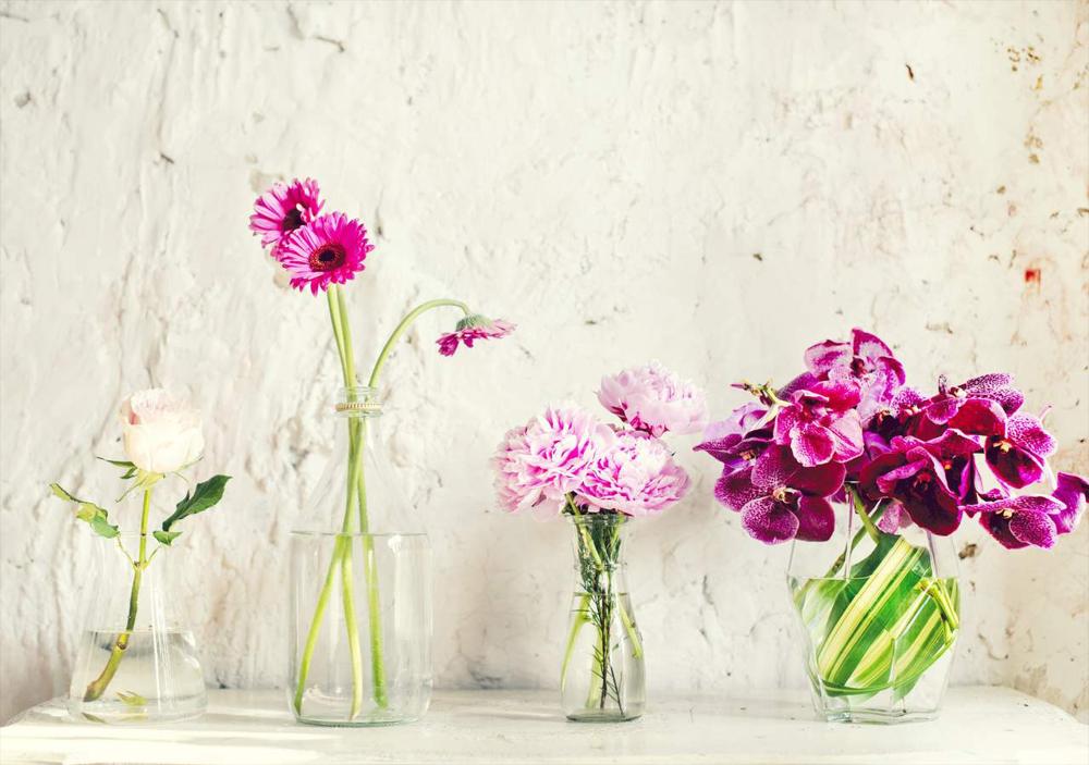pink flowers in vases