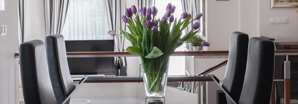 violet tulips on table